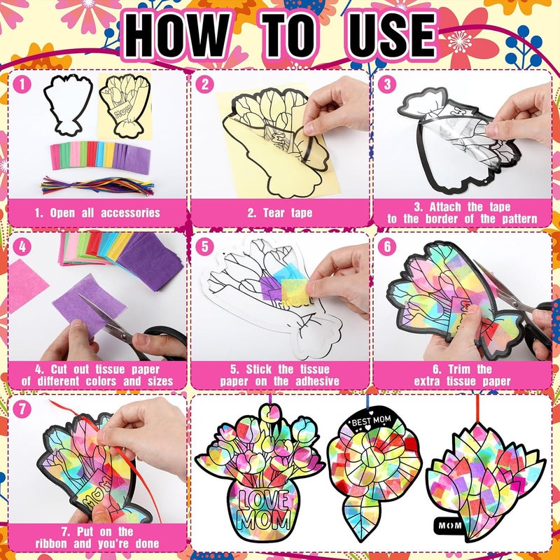 Eersida 32 Pcs Mothers Day Suncatchers Paper Craft Set DIY Flower Shaped Stained Glass Tissue Paper Kits Bulk for Activities Window Art Party Decorations Gift - Image 4